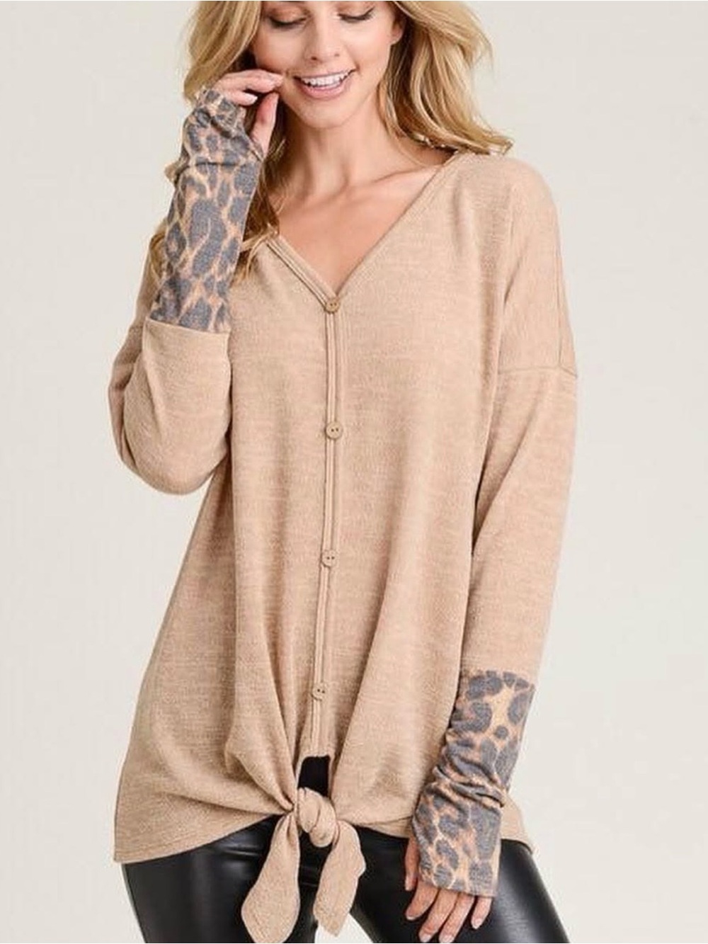 Beige Tie-Front V-Neck Sweater with Leopard Cuff